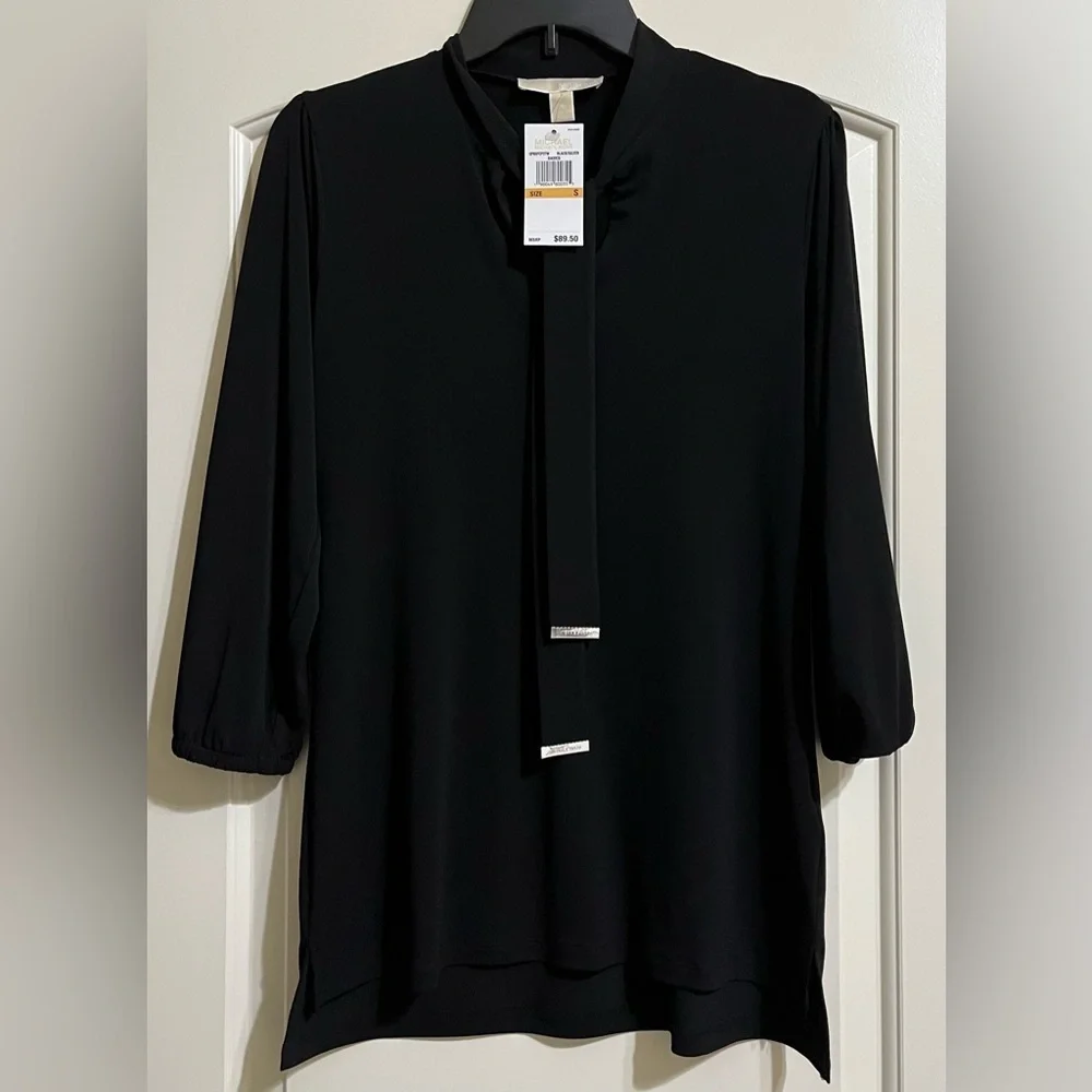 NWT Michael Kors Black Tie Chrome Front Top Blouse Stretch Chic Career Small